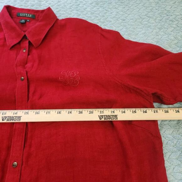 Lauren Ralph Lauren 2X 100% Linen Button Up Red Blouse Embroidered Logo - Picture 6 of 10